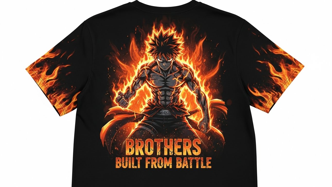 MDN Anime T-Shirt - Brothers Built From Battle design with flames
