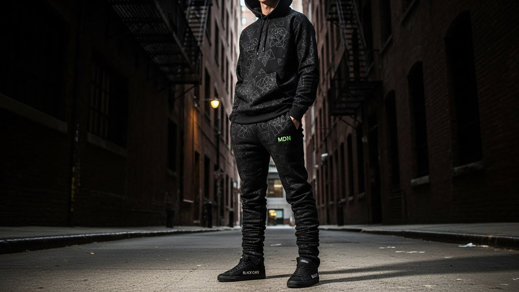 MDN Graphic Hoodie and Pant Set Black Cats Match Full Body