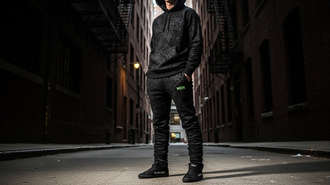 MDN Graphic Hoodie and Pant Set Black Cats Match Full Body