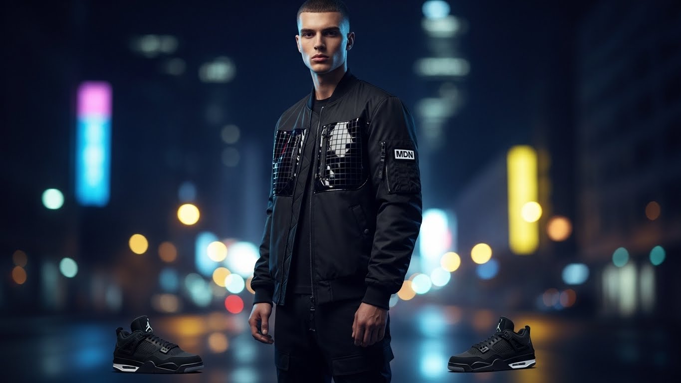 MDN Men's Black Cat Bomber Jacket with Jordan 4 Black Cat sneakers