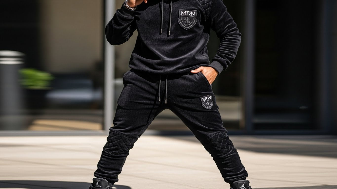 MDN Men's Black Velour Set Black Cat Match Full Body