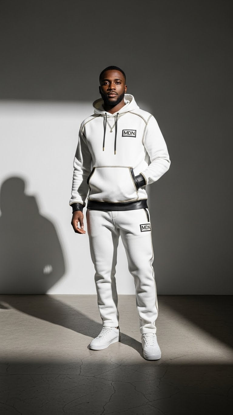 MDN White Black Sweatsuit Full Body Alternate View