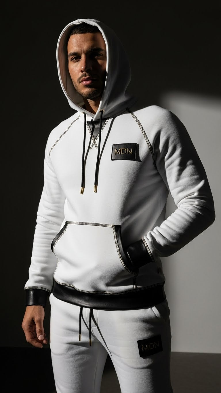 MDN White Black Sweatsuit Close Up Detail
