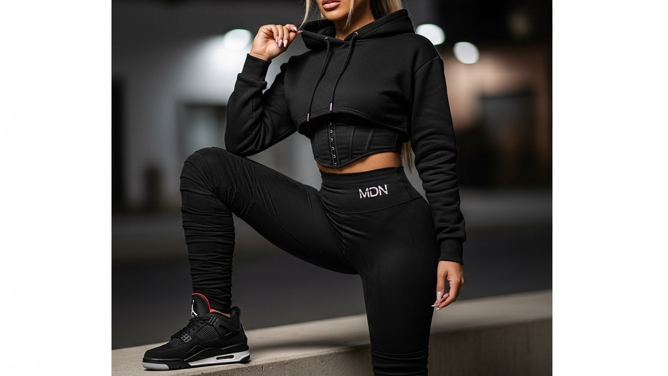 MDN Women's Black Cat Cropped Set with Jordan 4 sneakers side view