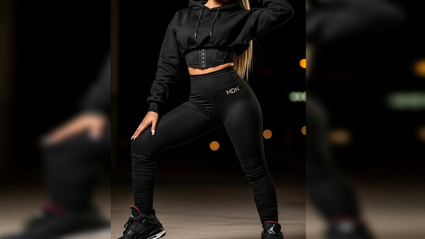 MDN Women's Black Cat Cropped Set back view with Jordan 4