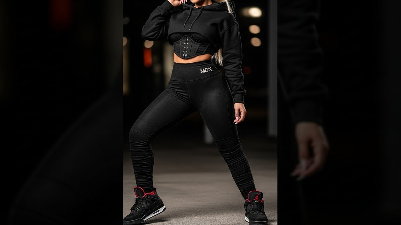 MDN Women's Black Cat Cropped Set front detail with Jordan 4 Black Cat